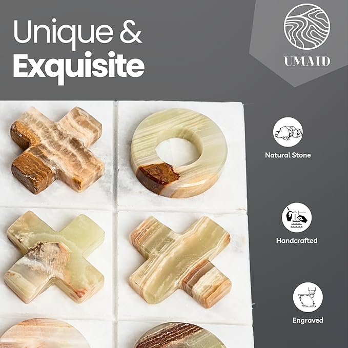 UMAID Luxury Marble Tic Tac Toe Game – A Sophisticated Touch for Dad This Fathers Day – Handcrafted 10” Onyx Board with Velvet Box – Elegant Solid Marble Decor for Coffee Table or Office