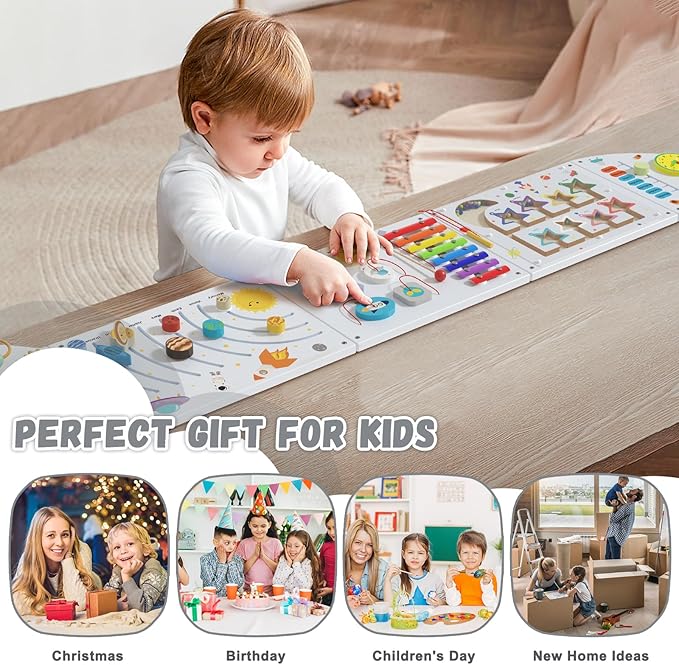 Rocket Sensory Wall Panel for Kids - Montessori Toddler Activity Board, Busy Board Panels, Wall Toys for Toddlers 3, Activity Cube, White Grey