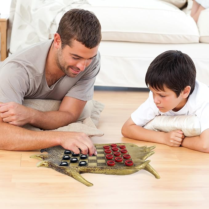 Rivers Edge Products Checkerboard Set for Cabin or Lodge, Rustic Checker Board Games for Adults, Tabletop 2 Players Game, Cabin or Lodge, Living Room Decor or Home Office Decor, Moose Antler