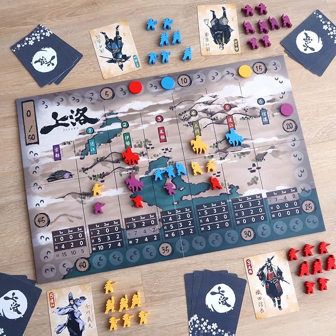 Joraku Deluxe — by Moaideas Game Design | Strategy and Tactics in Feudal Japan | Includes 40 Wooden Samurai Meeples | Trick-Taking Meets Area Control | 2-4 Players | 20-40 Minutes