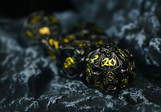 Metal DND Dice Set Skull Dungeons and Dragon Dice Set Hollow Polyhedral Magic 7 PCS Dice Set with Gift Metal Box for Dungeons and Dragons Table Games Play Cards MTG(Skull_Black Plus Gold)