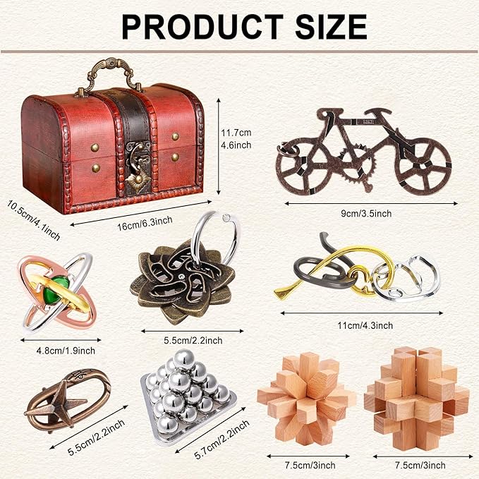 9 pcs Metal Wooden Brain Teaser Puzzle Logic Metal Puzzle for Adult Kid Toy Lock Puzzles Gift for Adults Teenagers Kids