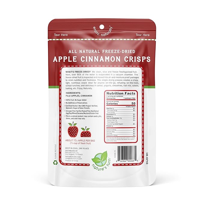 Nature’s Turn Freeze-Dried Apple Cinnamon Crisps – Healthy, Gluten-Free, Crispy & Delicious, Plant-Based Snack, Ideal for Cereal, Smoothies, School Lunches, & On-the-Go, Pack of 12 (0.53 oz Each)