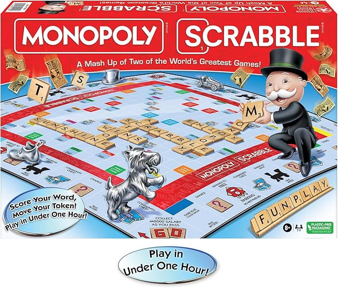 Monopoly Scrabble Game, Play in UNDER ONE HOUR, Score Your Scrabble Word - Move Your Token, By Winning Moves Games USA, Mash-Up of 2 of the World's Greatest Games, 2 to 4 Players Ages 8+ (1250)