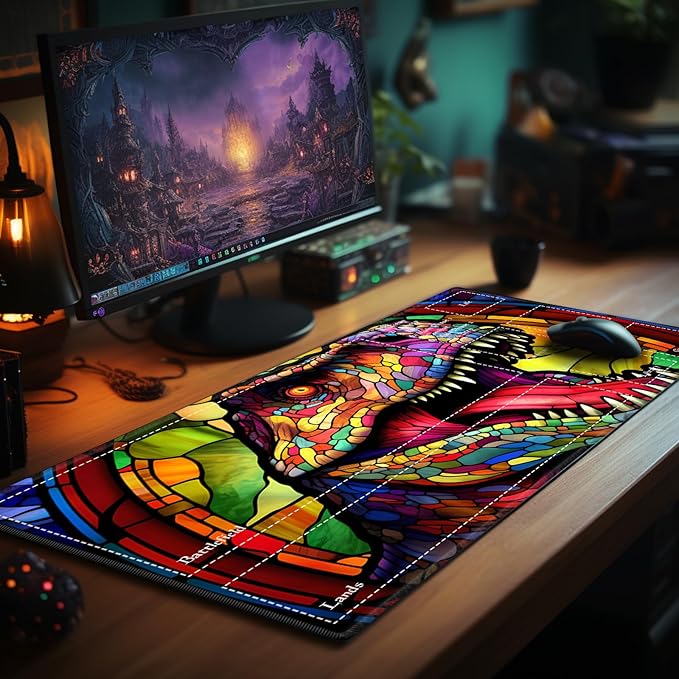 Playmat with Zones for MTG Card Game Playing, Tabletop Magic Play Mat 24"x14" Commander Deck Gaming Desk Duel Mat for Beginner, Stained Glass Retro T-Rex