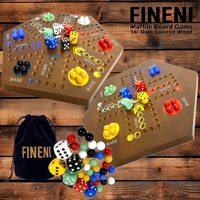 Wooden Board Games, Marble Board Game Original with Dual Sides Fast Track Board Game for 2 to 6 Players, Double Side Marble Game, 6 Colors 30 Marbles Set and 6 Color 6 Dice,Pouch (16" Dark)