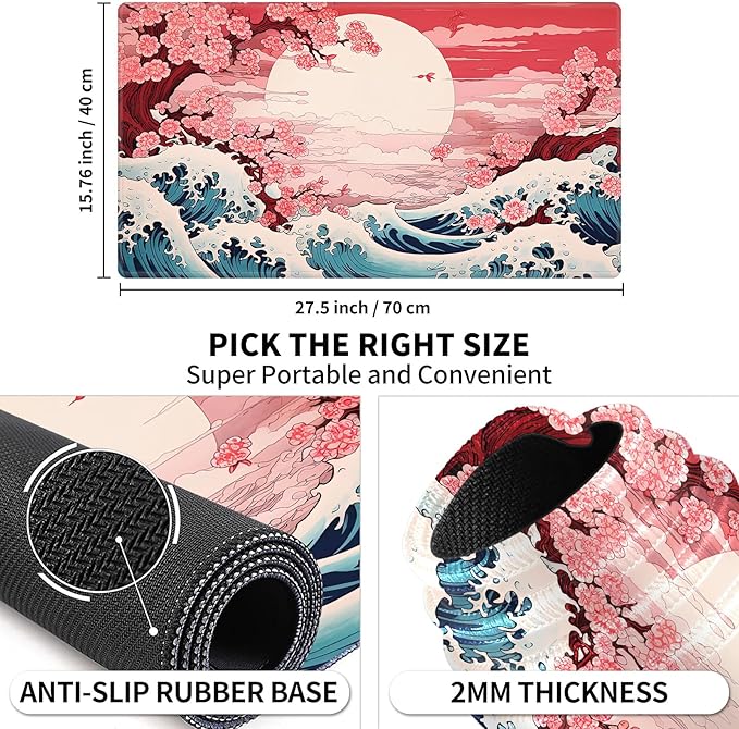 Playmat 24" x 14" Game Mats Tabletop Magic for MTG/TCG Cards, Trading Card Game Playing Stitched Play Mats Commander Deck Gaming Desk Mat Card Gameplay Mats, Japanese Sakura Wave