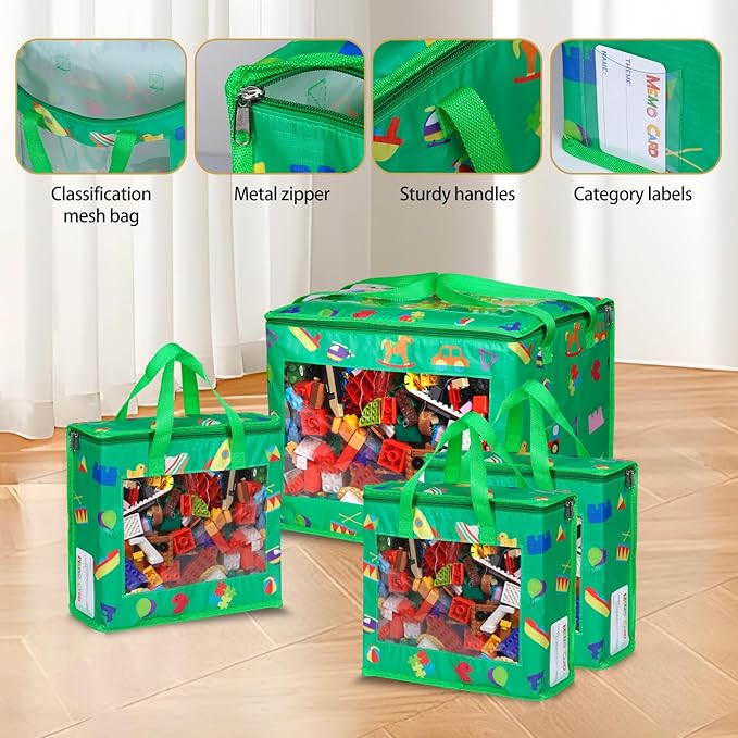 4 Pack Waterproof Toy Storage Bags with Labels,Include 1 Pcs Extra Large and 3 Pcs Large Bags,Oxford Cloth Toy Storage Pouch,Portable Trave Toy Organizer for Board Game, Building Blocks, Puzzle