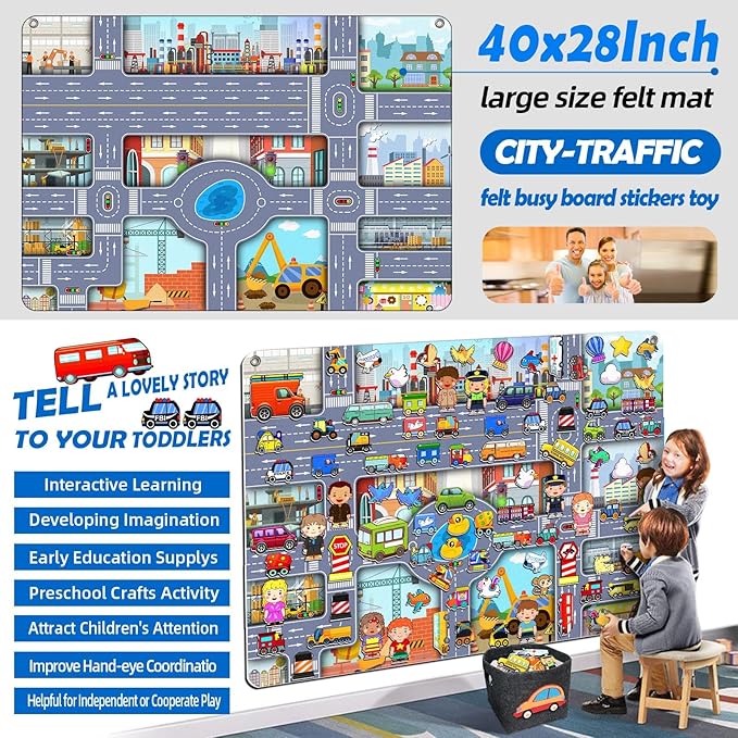 200 PCS Felt Board Story Set for Toddlers with Storage Bag City Traffic Themed Flannel Sensory Board Wall Interactive Storytelling Teaching Play Activity Kits 40x28 inch(Lightgrey)