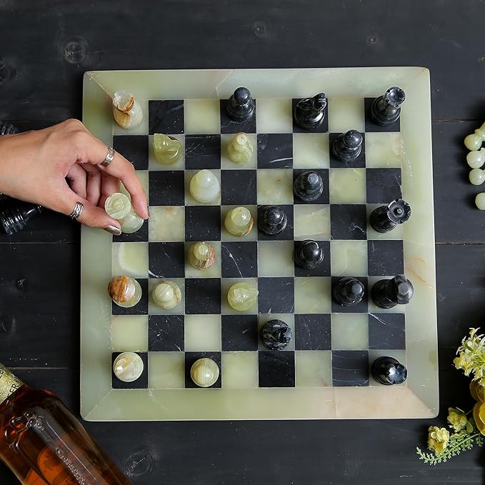 Handmade Marble Chess Set - Light Green & Black (12 x 12 Inches) - Chess Sets for Adults - Premium Quality Chess Boards - Fancy Chess Boards