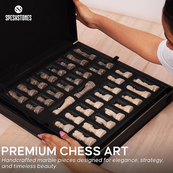 Marble Chess Set 15 Inch Oceanic & Travertine Checkers Board Game with Pieces, 2 Extra Queens and Storage Box, Strategy Set for Adults & Family, Travel, Tabletop Play
