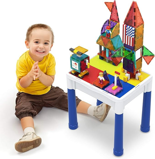 PicassoTiles 316 PCs Activity Table with Magnetic Tiles and Building Brick Blocks, Playset Table with Magnetic Action Figures & Storage Included, Can be Use as Water & Sand Tables STEM Toys Ages 3+