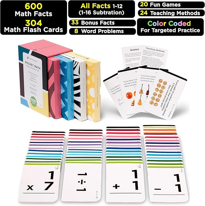 Think Tank Scholar Math Flash Cards (600 Facts Box Set) Addition, Subtraction, Multiplication, Division - 10 Games - Toddlers 2-4 - Kids Ages 4-8 in Kindergarten, 1st, 2nd, 3rd 4th, 5th, 6th Grade