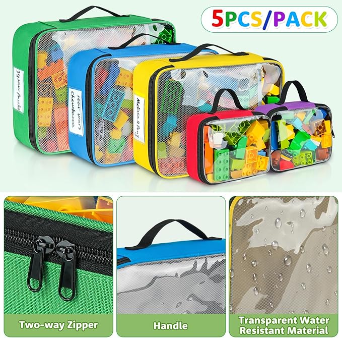 Large Toy Storage Bags Compatible with Lego Bricks,5 Pcs Travel Toy Organizers for Kids Building Blocks,Toy Car,Puzzles with Mesh Pocket and Tag Pocket