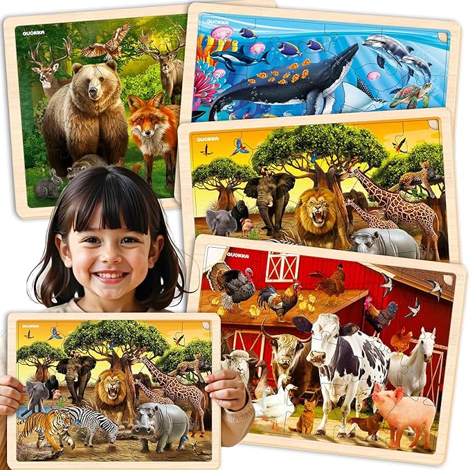 QUOKKA 4SET Puzzles for Kids Ages 4-6 - 48 Pcs Wooden Toddler Realistic Montessori Puzzles Ages 3-5 - Wild Animals Africa Ocean Farm Learning Games for Boys and Girls 4-8 Year Olds