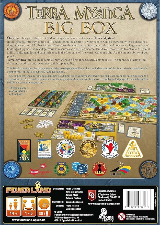 Terra Mystica: Big Box - Contains: Terra Mystica: Base Game, Fire & Ice Expansion, Merchants of The Seas Expansion by Automa Factory. Ages 14+, 1-5 Players, 30 Min Per Player