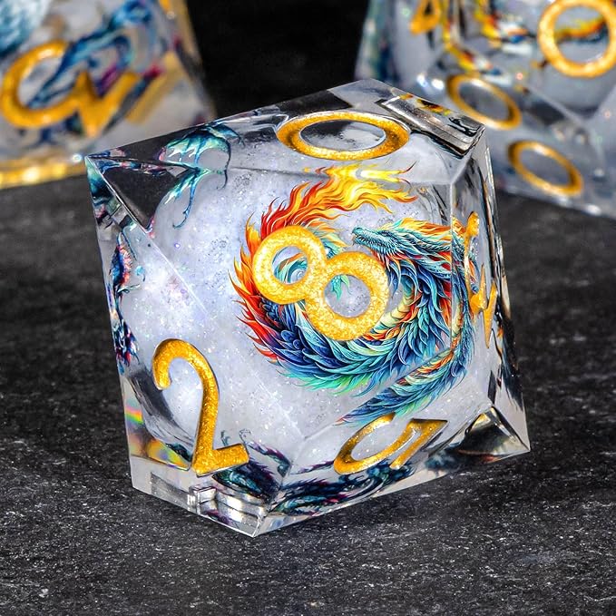 OUKELANWO Liquid Core Dragons Stickers DND Dice Set D&D, 7Pcs Dungeons D and D Role Playing Dice with Gift Box, Resin Sharp Edge Dice D20 D12 D10 D8 D6 D4, White Gold