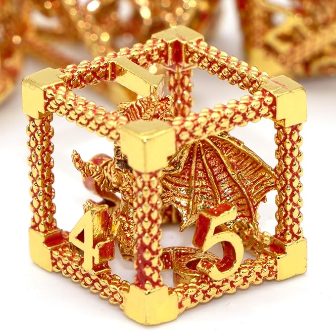 D&D Metal Dice Set - 7pc Polyhedral for Dungeons and Dragons, Role Playing, Table Games, RPG Shadowrun - Hollow Gaming Gift (Gold Red)