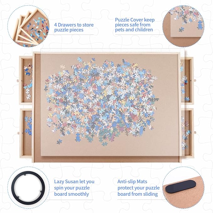 WOOD CITY Puzzle Board, 1000 Piece Wooden Jigsaw Puzzle Board with Drawers, 30” x 22” Portable Puzzle Table with Covers and Lazy Susan, Rotating Jigsaw Puzzle Table for Kids and Adults