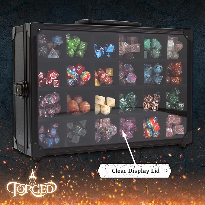 Forged Dice Co. Dice Display Case and Rolling Tray with 3 Removable Divided Dice Trays - Storage Box Holds up to 720 Metal or Plastic Polyhedral Dice Sets - Great for Dice Collectors or RPG D&D Games