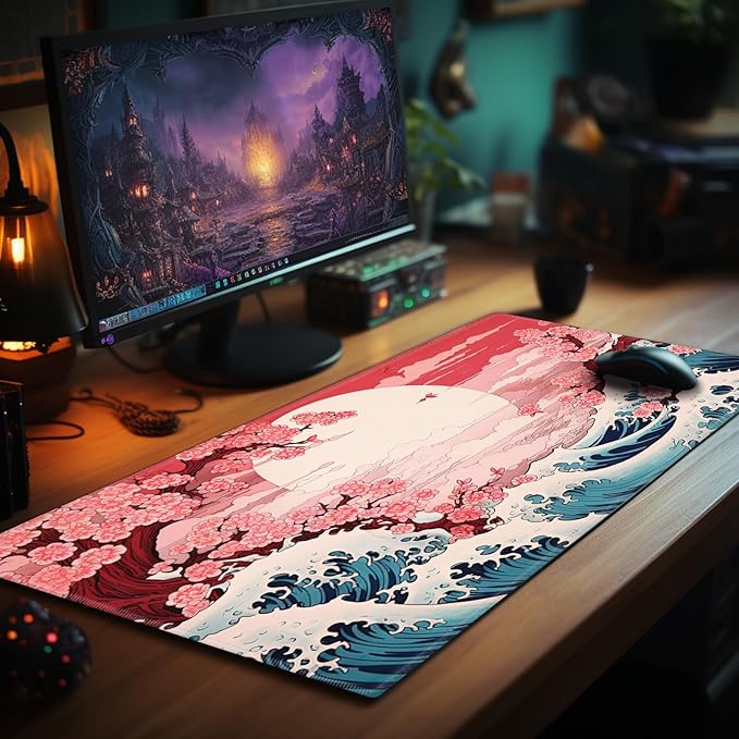 Playmat 24" x 14" Game Mats Tabletop Magic for MTG/TCG Cards, Trading Card Game Playing Stitched Play Mats Commander Deck Gaming Desk Mat Card Gameplay Mats, Japanese Sakura Wave