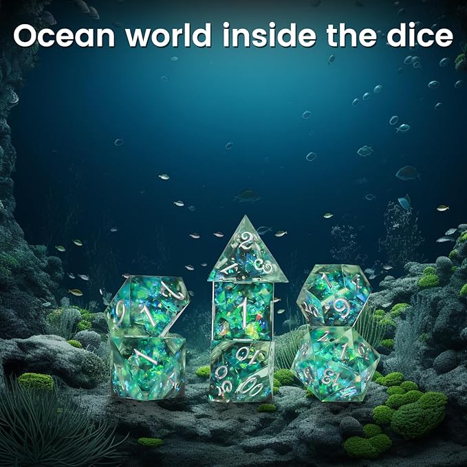 OriCraft Green Magic Dice DND Dice Set Dungeons and Dragons Polyhedral Role Playing Gaming Dices Green Underwater World D20 Dices Magical World Ocean Dice Halloween Sharp Corners