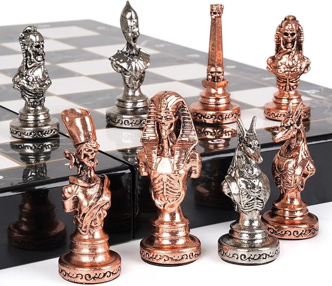 Large Egyptian Metal Chess Set for Adults with Travel Foldable Marbling 15-Inch Chess Board - Weighted Metal Chess Pieces- Luxurious Chess Sets for Collectors Family Vintage Board Game