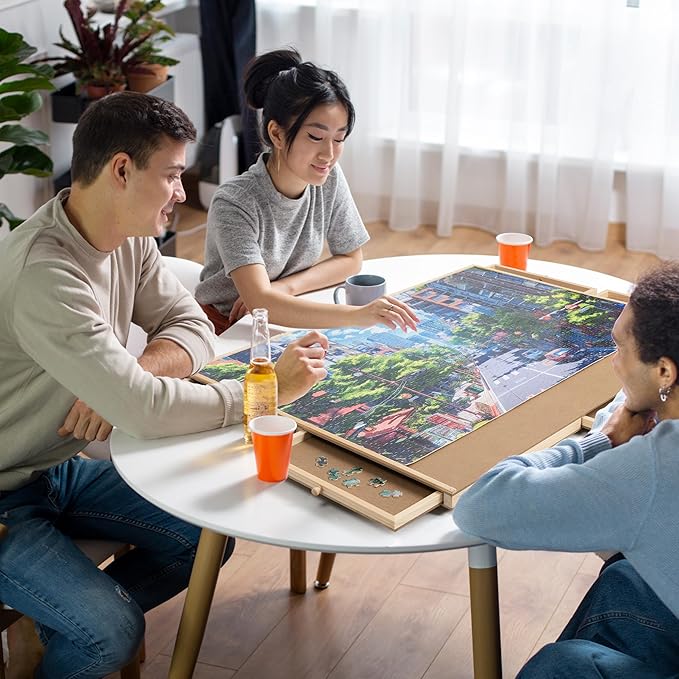 Rotating Puzzle Board by Birch and Key - Large Puzzle Table 33.7"x26.2" Size - Fits Puzzle up to 1500 Pieces - 6 Premium Wood Storage Drawers - 360 Degree Rotating Lazy Susan - Puzzles and Board Games
