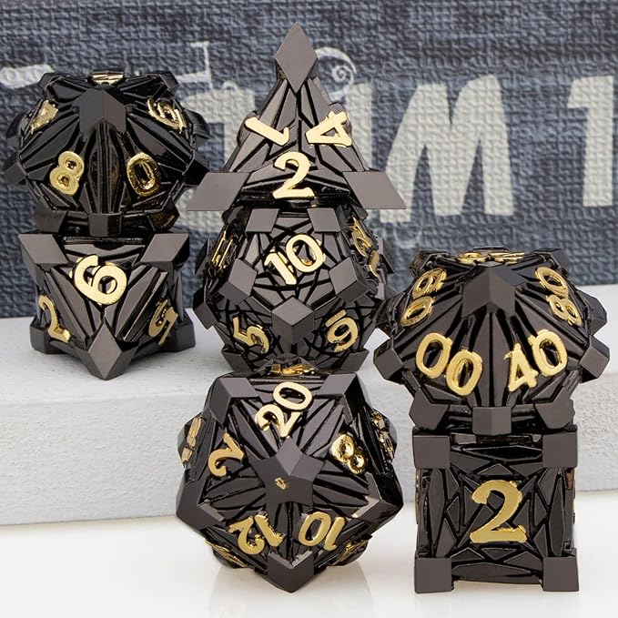 7PCS Metal DND Dice Set with Box, Debris RPG Black Gold D and D Dice for use with D&D Tabletop Games Role Playing Game Polyhedral Dice Set D20 D12 D10 D8 D6 D4