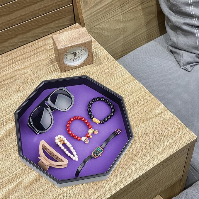 Dice Rolling Tray, Purple Felt Lined PU Leather Octagon Dice Tray for Dungeon Crawler Games