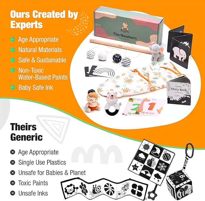 Newborn Montessori Toy Set 0-2 Month Infant Toys Black and White Book, Stroller Rattle, Organic Swaddle, High Contrast Flash Cards Elephant Animal Tummy Time