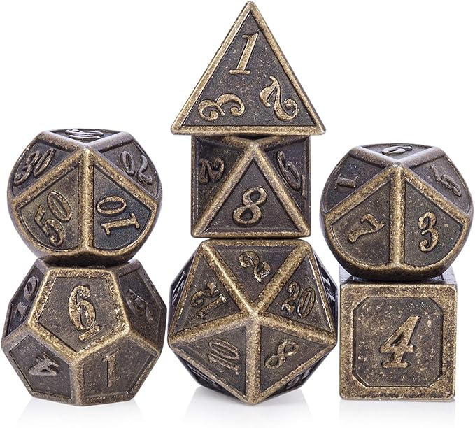 DnDnD Ancient Design Dice, 7PCS Brass DND Metal Dice with Metal Box for Table Games Dungeons and Dragons D&D