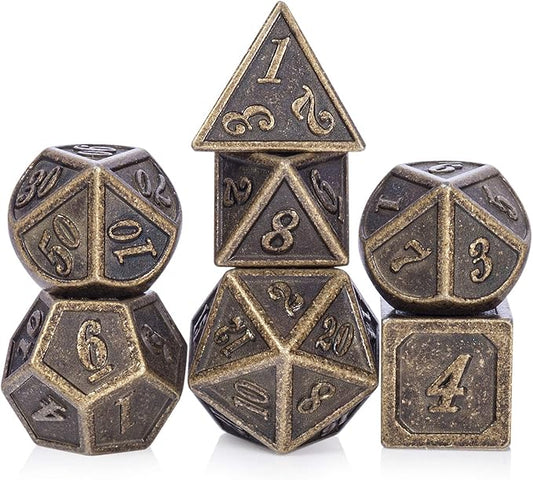 DnDnD Ancient Design Dice, 7PCS Brass DND Metal Dice with Metal Box for Table Games Dungeons and Dragons D&D