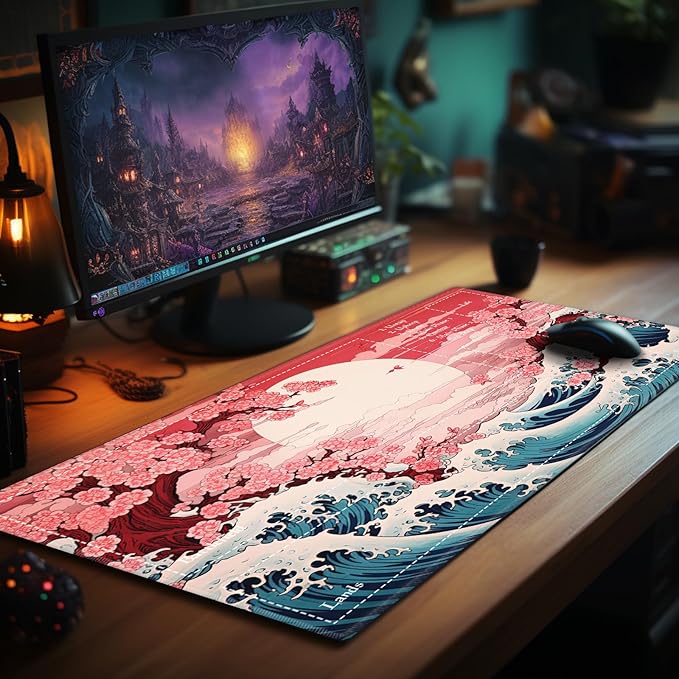 Playmat with Zones for MTG Card Game Playing, Game Mats Tabletop Magic Play Mats 24"x14" Commander Deck Gaming Desk Duel Mat Card Gameplay Mats for Beginner, Japanese Sakura Wave