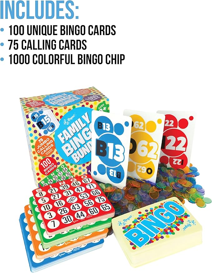 Regal Bingo Family Bingo Bundle Set with 100 Classic Bingo Cards, 75 Jumbo Calling Cards & Bingo Chips 1000 Pcs