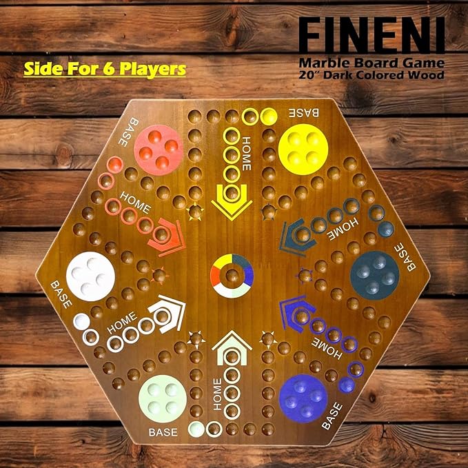 Wooden Board Games, Marble Board Game Original with Dual Sides Fast Track Board Game for 2 to 6 Players, Double Side Marble Game, 6 Colors 30 Marbles Set and 6 Color 6 Dice,Pouch (20" Dark)