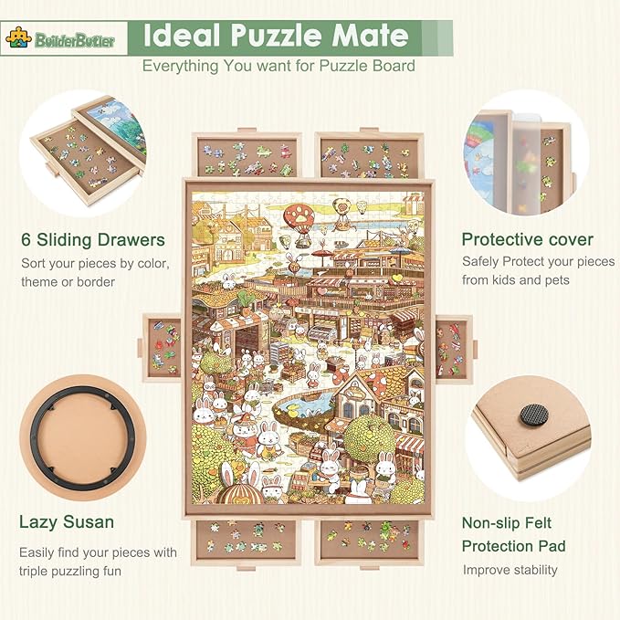 2000 Pieces Rotating Puzzle Board with 6 Drawers,40.16"x28.5" Portable Wooden Jigsaw Puzzle Table with Lazy Susan Spinning Cover for Adults