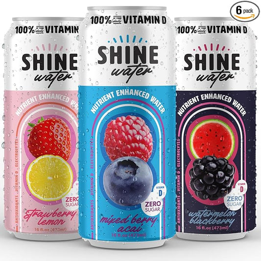 ShineWater Vitamin D Hydration Electrolyte Drink - Flavored water with electrolytes, Sugar-Free, Magnesium, Zinc, Vitamin B12, Folic Acid, Plant-Based Fruit Water, Low Calorie - Variety Pack of 6