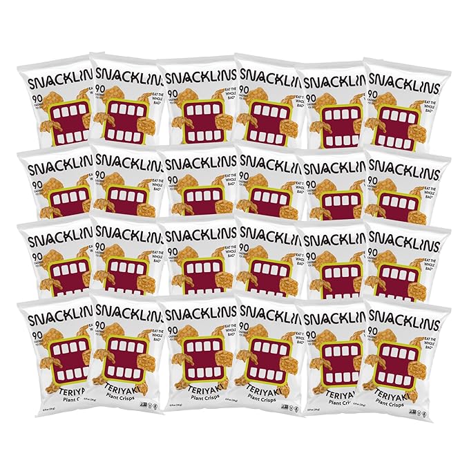 SNACKLINS Plant Based Crisps TERIYAKI - Gluten Free, Grain Free, 100% Kosher, Vegan Healthy Snacks, Crunchy Puffed Snack, Only 100 Calories Per Bag, .9oz Bag (Case of 24)