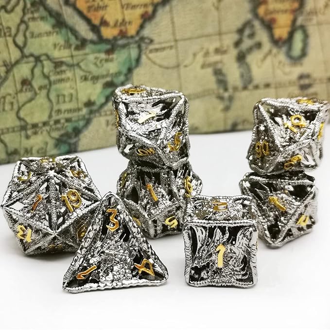 HAOMEJA Hollow Dragon Dice DND Metal Dice Set 7 Role Playing Dice D&D Dungeons and Dragons Dice (Silver)