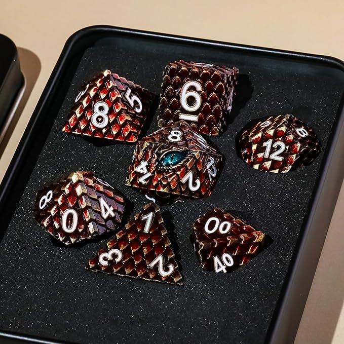 Metal Dice Set D&D,7 PCS Dragon Scale Metallic DND Dice Set,Dragon Eye Metal Dice with Grogeous Gift Case for Dungeons and Dragon Tabletop Game (Reddish Brown Dragon Scale & Cyan Eye)