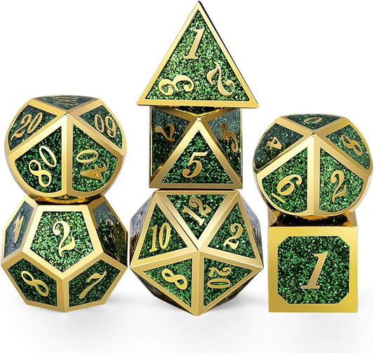 DNDND Metal Dice Set D&D,Glitter Green Heavy DND Dice with Free Metal Case for Role Playing Games Dungeons and Dragons