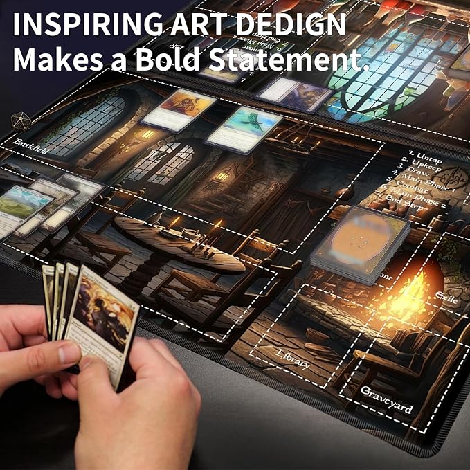 Playmat with Zones for MTG Card Game Playing, 24"x14" Commander Deck Gaming Desk Duel Mat for Beginner, Medieval Tavern