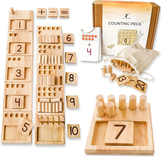 LITTLE BUD KIDS Counting Pegs - A Ten Frame Math Game with Addition and Subtraction Flash Cards, A Wooden Montessori Math Toy & Math Manipulatives Number Peg Boards for Kids 3 4 5 6 7
