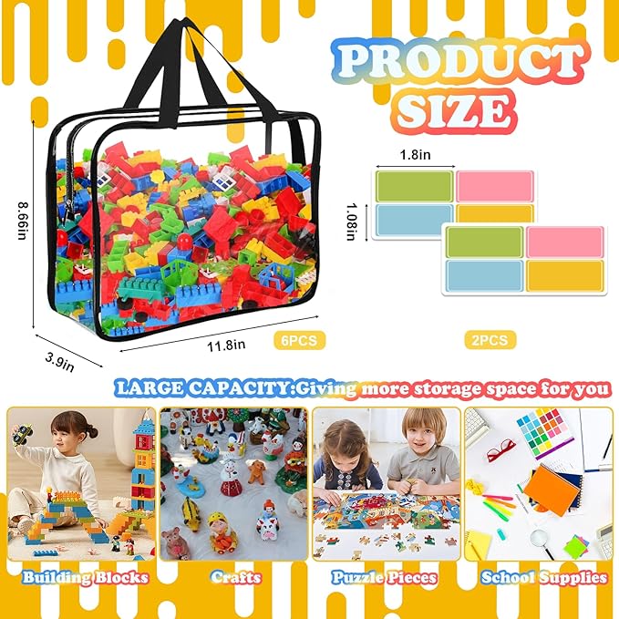 AOBOPLE 6 Pack Toy Storage Bags with Zipper, Reusable Clear Toy Organizer Bags with Labels PVC Board Game Storage for Travel Organizer Building Blocks, Puzzle,6 Colors (11.8x8.7x3.9in)