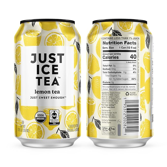 Just Ice Tea, Lemon Flavored Black Iced Tea, 12-Pack (12oz Cans), USDA Certified Organic, Real Brewed, Low Calorie, No Artificial Sweeteners, Fair Trade, Made in USA.