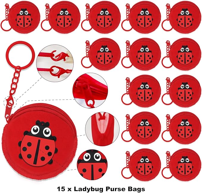 15 Pack Ladybug Mini Coin Purse with Keyrings for Ladybug Themed 1st Women Girls Birthday Insect Baby Shower Party Decoration,Red