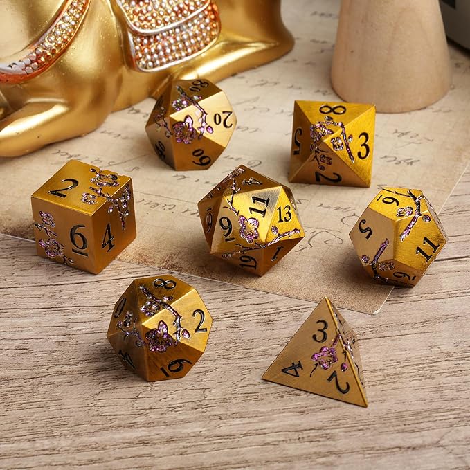 DNDND Flower Metal DND Dice, 7 PCS Heavy Solid Metallic Dragon Dice Set with Gorgeous Gift Case for D&D Dungeons and Dragon Tabletop Game (Ancient Brass)