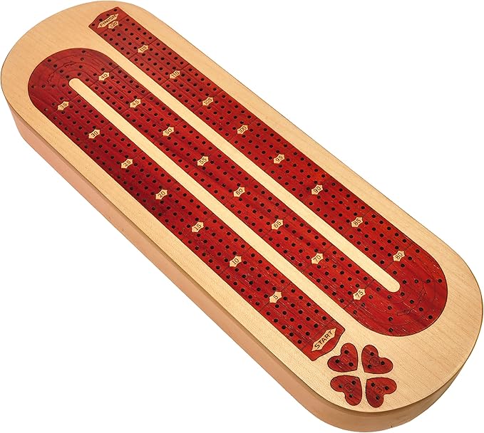 PALM ROYAL HANDICRAFTS 4 Track Wooden Cribbage Board Set Inlaid in Blood Wood and Maple Wood with pegs and Cards Storage Available. 4 Player Cribbage Board Game (15 x 5 Inches)