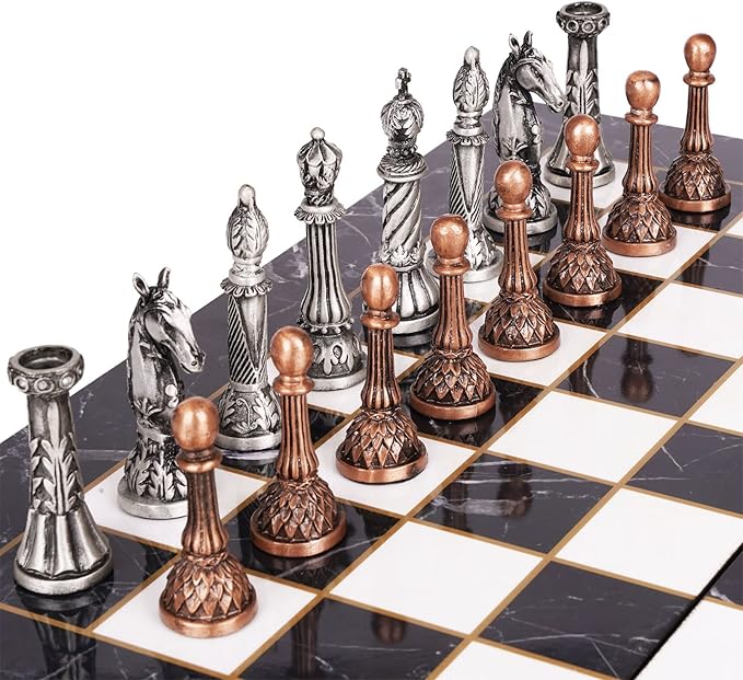 Retro Metal Chess Set for Adults and Kids – Marbling Chess Board with Chess Pieces – Travel Chess Set with Metal Pieces – Folding Chessboard – Ideal for Beginners and Professional Players